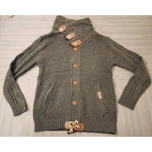 Mens Charcoal Gray Chunky Knit Cardigan Sweater Toggle Button Front Cable Size M